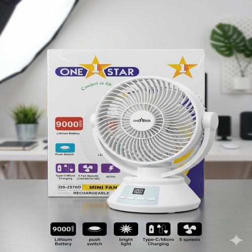 One Star OS-2570D Rechargeable Mini Fan with 9000mAh Battery & LED Light